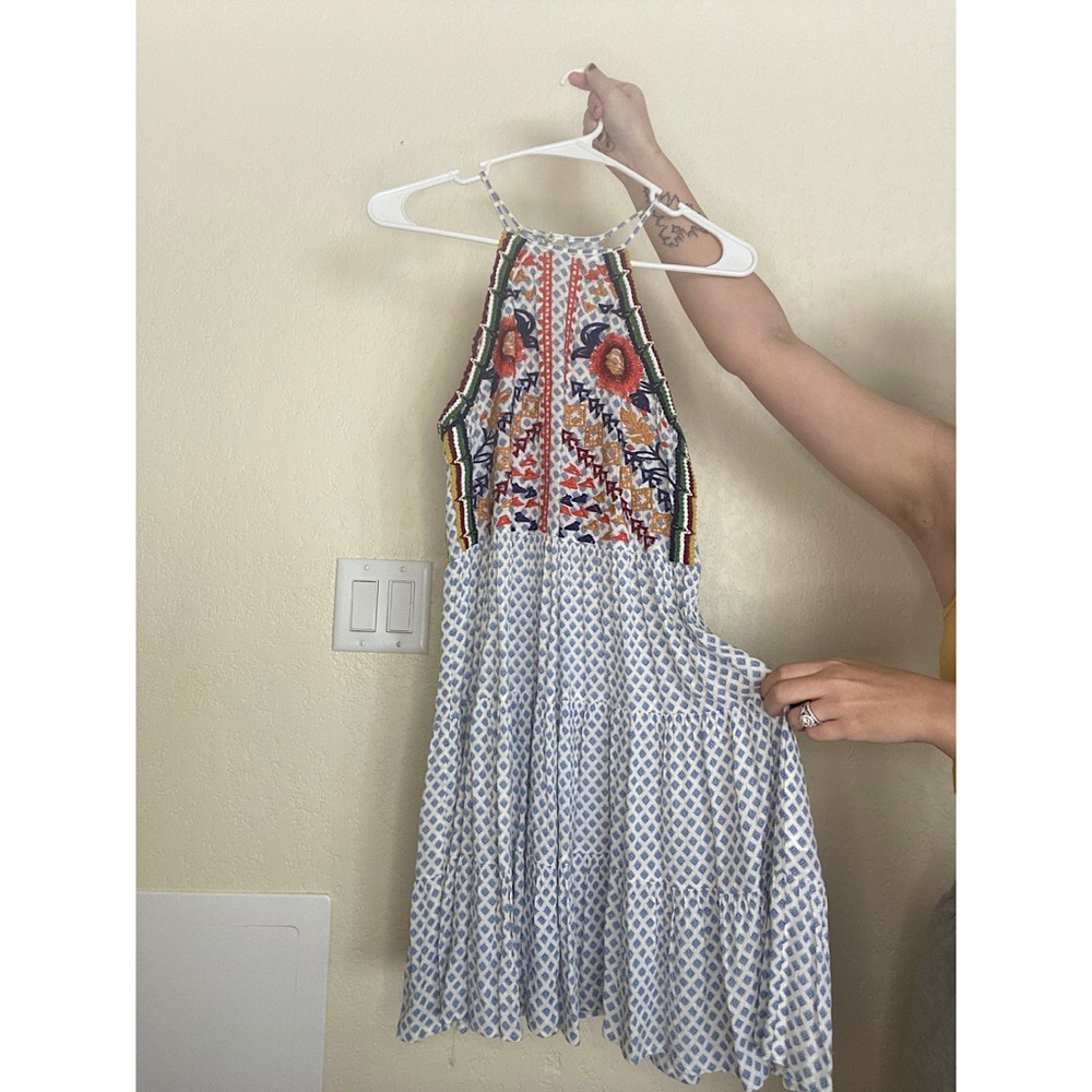 high neck spaghetti strap patterned dress